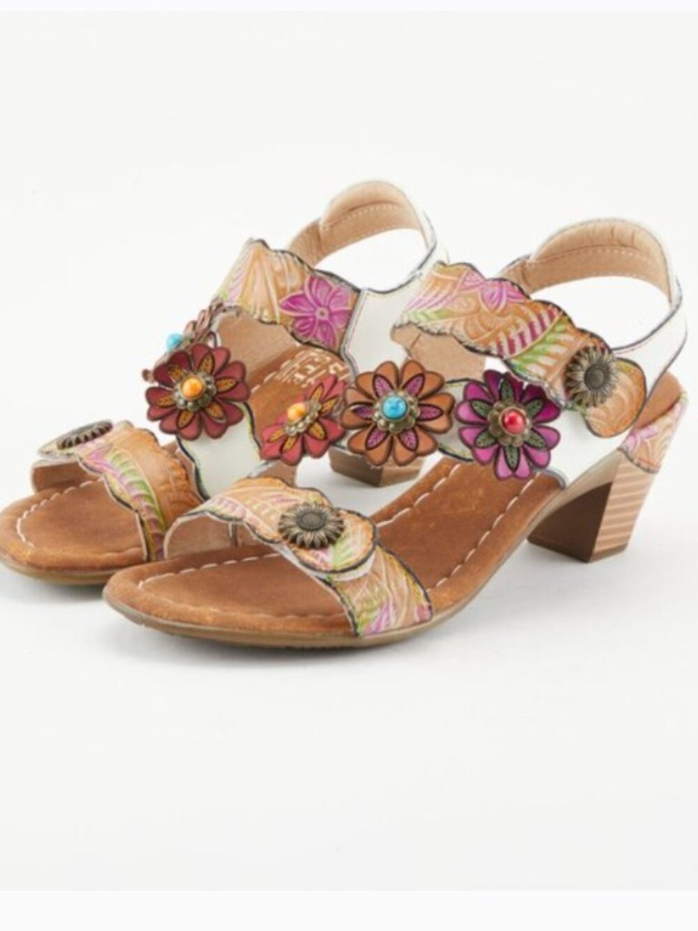 Spring Step White Multicolor Floral Leather Sandals